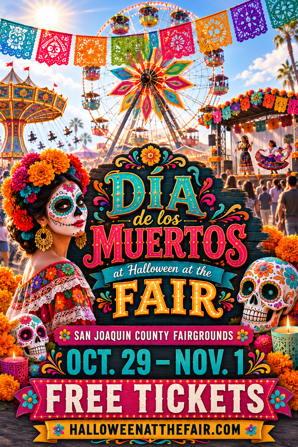Día de los Muertos at Halloween at the Fair at the San Joaquin County Fairgrounds, featuring colorful papel picado, a Ferris wheel, marigolds, Catrina artwork, sugar skulls, cultural entertainment and festive fair attractions.
