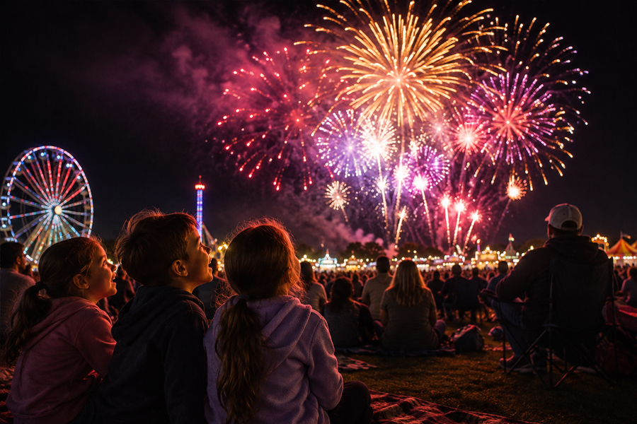 Fireworks over a nighttime fair.