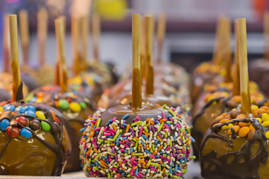 A brightly lit fair concession stand.