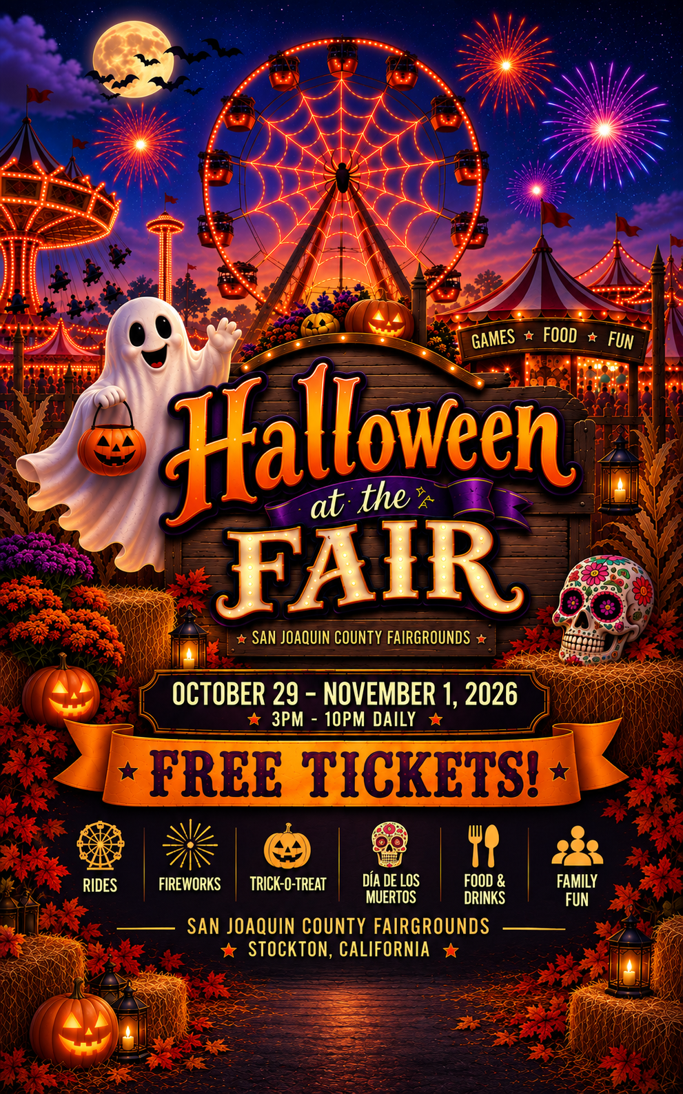 Halloween at the Fair at the San Joaquin County Fairgrounds, featuring a festive Ferris wheel, fireworks, pumpkins, midway attractions, a friendly trick-or-treat ghost, and Día de los Muertos artwork.
