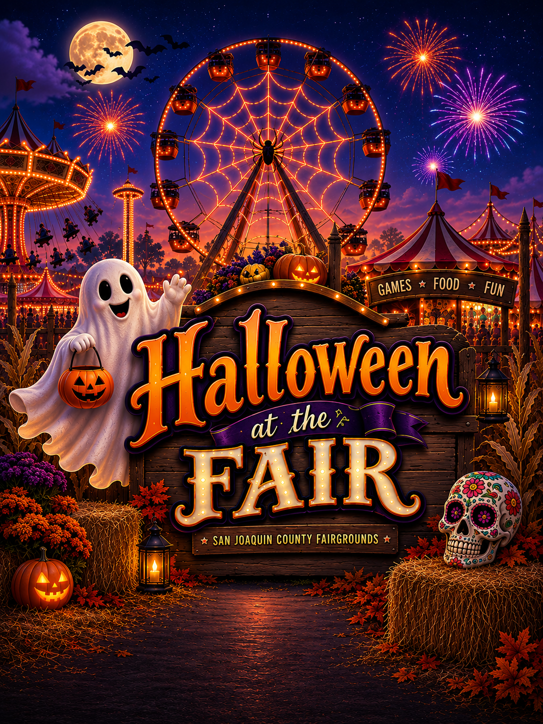 Halloween at the Fair at the San Joaquin County Fairgrounds, featuring a festive Ferris wheel, fireworks, pumpkins, midway attractions, a friendly trick-or-treat ghost, and Día de los Muertos artwork.