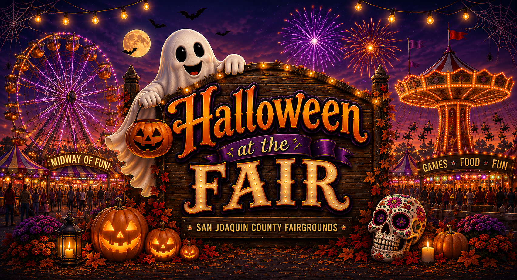 Halloween at the Fair at the San Joaquin County Fairgrounds with a glowing spiderweb Ferris wheel, fireworks, carnival rides, pumpkins, a friendly ghost and Día de los Muertos-inspired decoration.