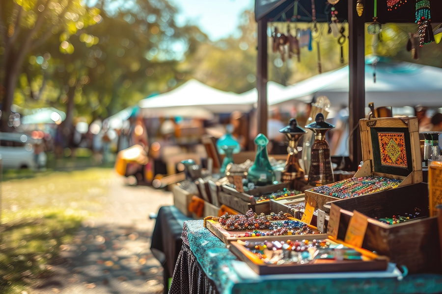 Seasonal vendor market with Halloween merchandise.
