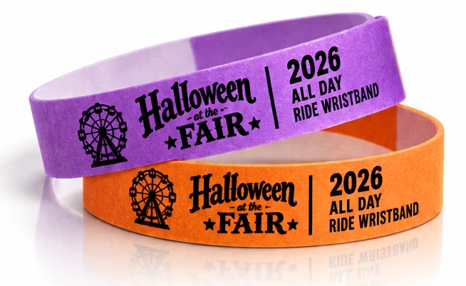 Purple and orange Halloween at the Fair 2026 all-day ride wristbands
