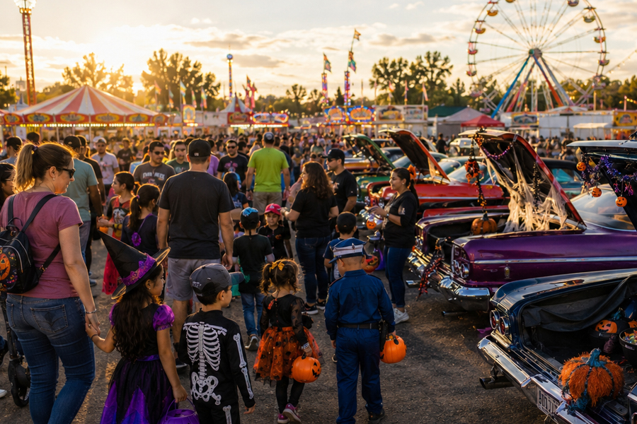 Decorated vehicles prepared for trunk or treat.