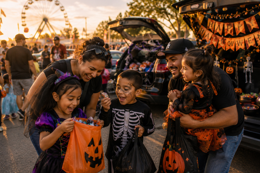 Children trick or treating from decorated cars.