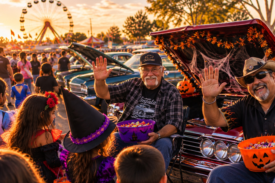 A large evening car show and trunk or treat.