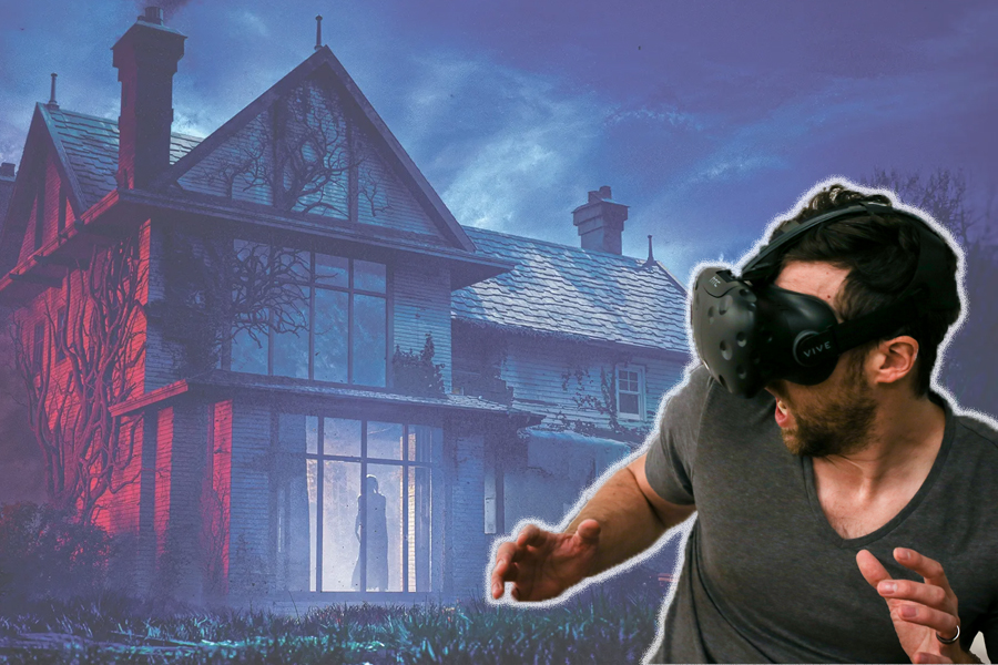 Guest wearing a virtual reality headset at a Halloween attraction.
